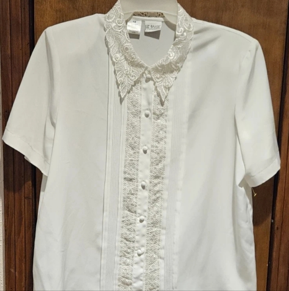 Liz Baker Size 14 Embroidered Beaded Blouse Semi Sheer White Dressy Work/Party